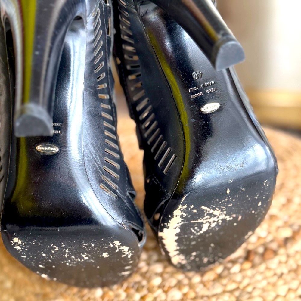 Leather laser cut sandals booties peep toe shoes black heels - Picture 8 of 12